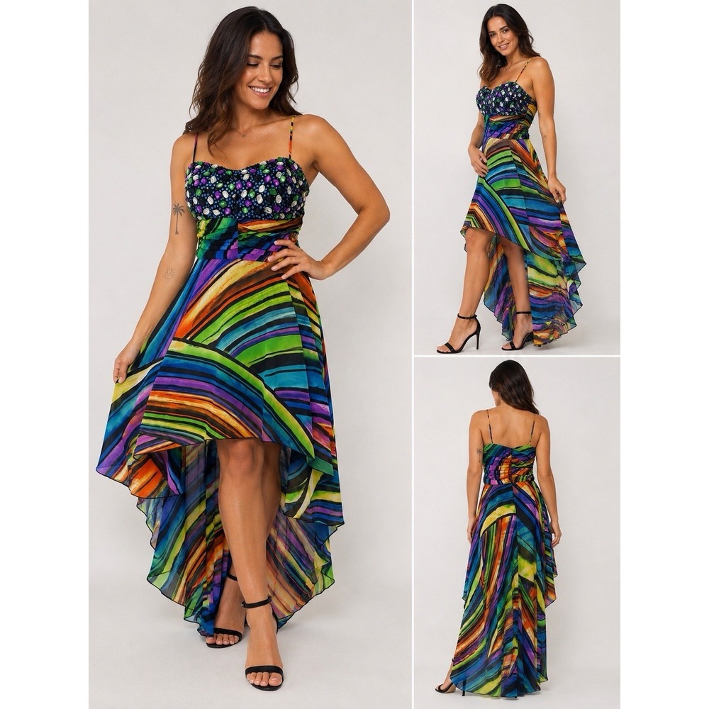 Vintage Y2K Deb Homecoming Dress Formal 11 12 Rhinestones Rainbow Hi Low Satin